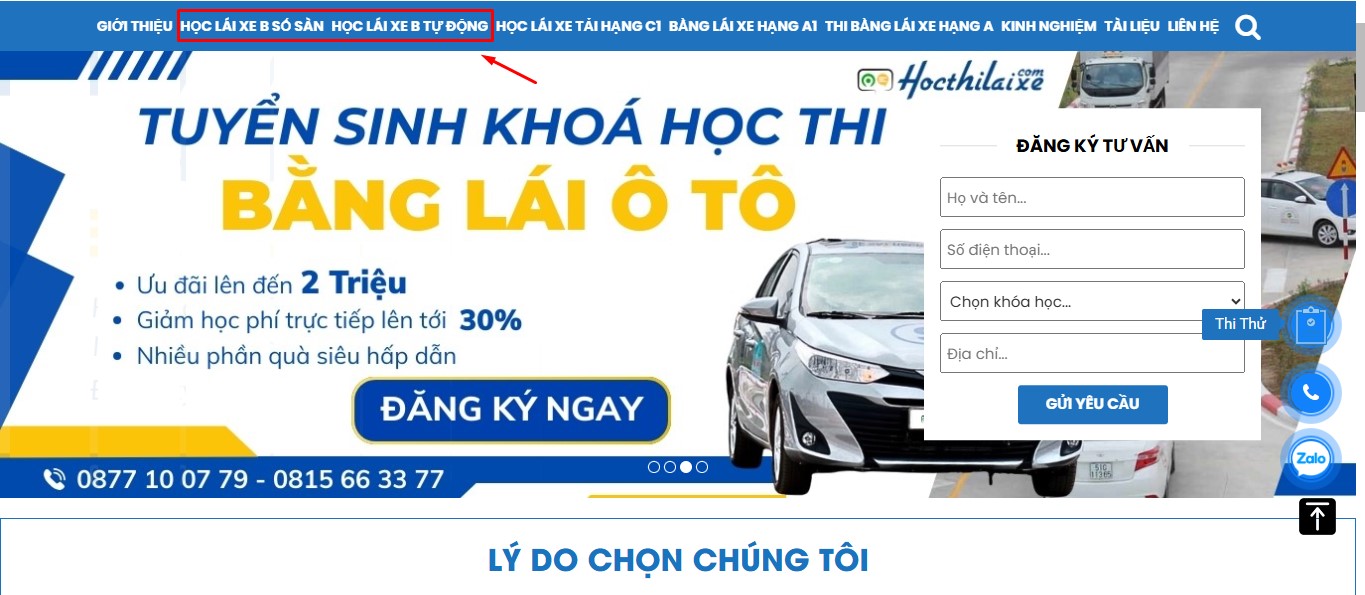 Thi thử trên website hoặc liên hệ Trung tâm Trung tâm Hocthilaixeoto.com để được tư vấn khóa học lái B